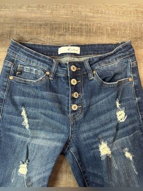 KanCan Distressed Mid Rise Dark Blue Skinny Jeans with Exposed Button Fly